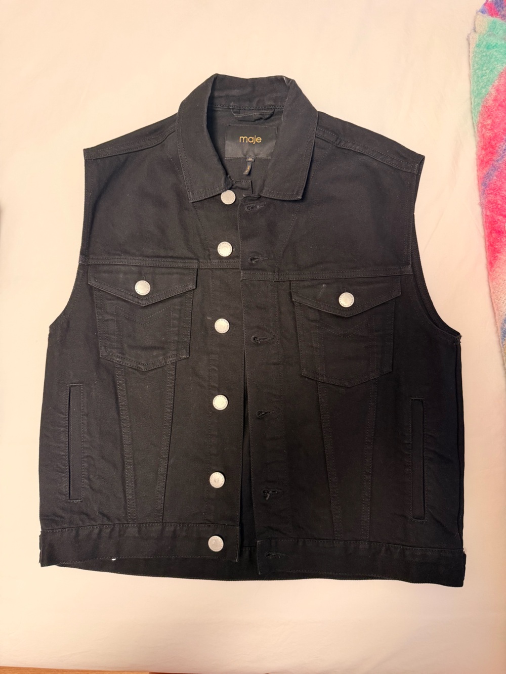 Maje Women's Black Denim Vest with Snap Buttons